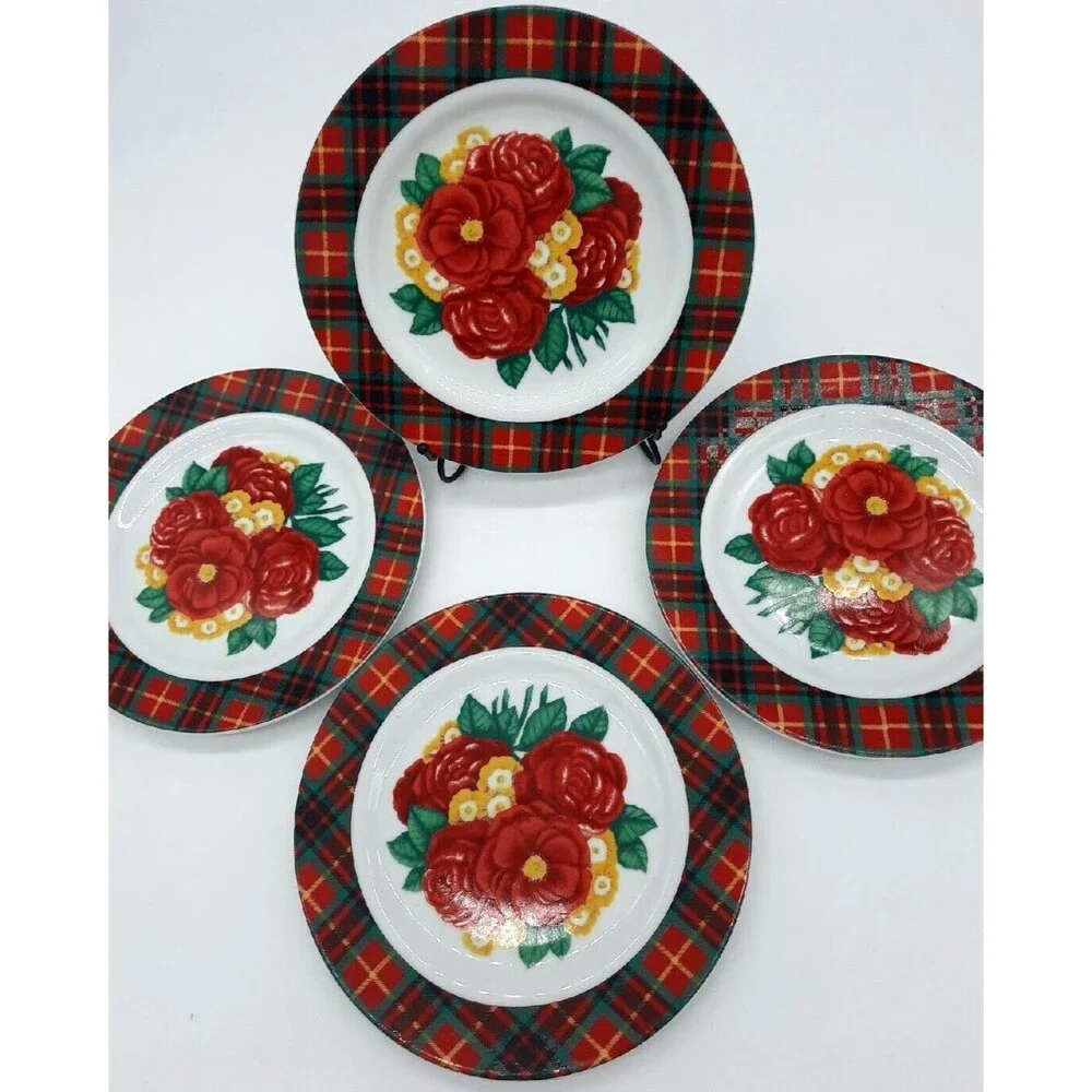 Vintage Holly Holderman Set Of 4 Red & Green Tartan Plaid Floral 8